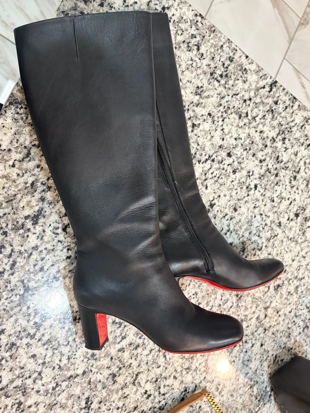 🤩❤️✨Christian Louboutin Red Bottoms Black Over-the-Knee Leather Boots